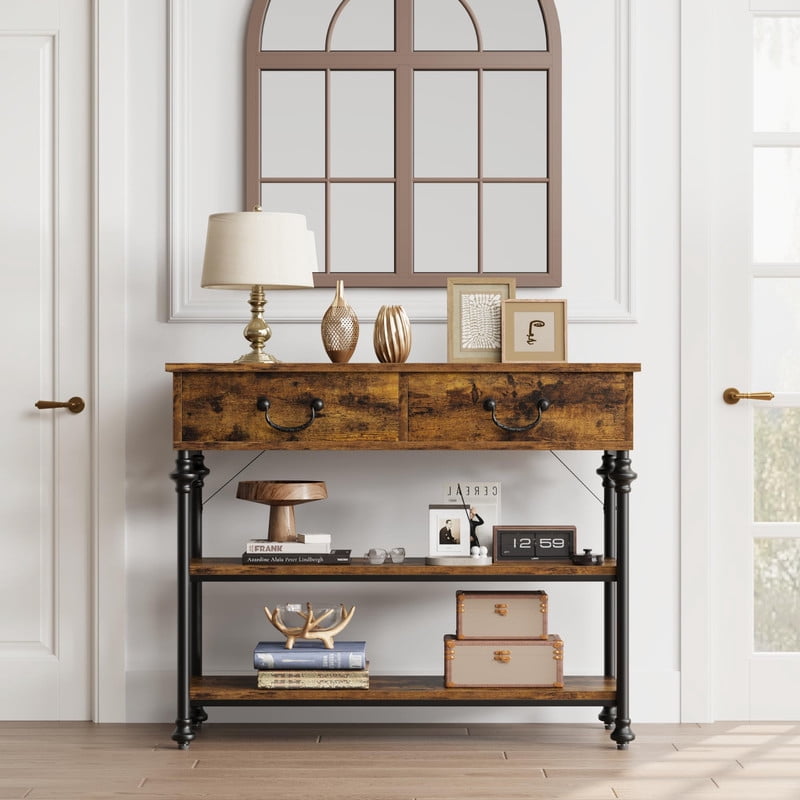TROPOW Slim Industrial Console Table with 2 Drawers & 2 Shelves – 39.4” Space-Saving Entryway & Behind Couch Table, Vintage Brown Farmhouse Design for Hallway, Living Room & Small Spaces