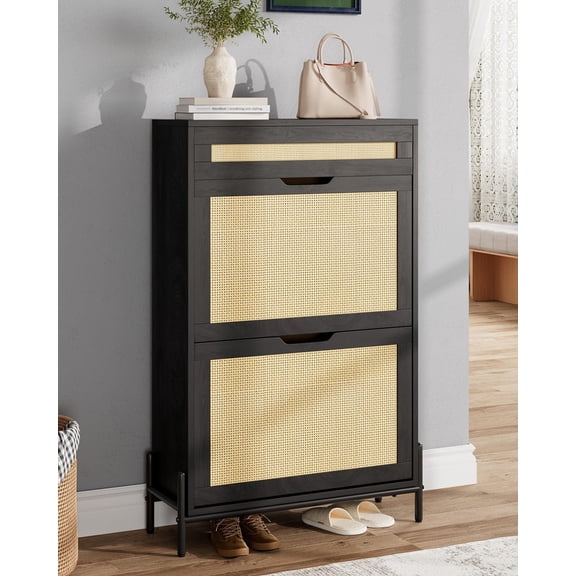 TROPOW Slim Wooden Entryway Shoe Cabinet with Two Flip Drawers, Space-Saving Freestanding Shoe Storage Organizer with Rattan Panels, Modern Closed Shoes Rack for Hallway, Foyer and Apartment