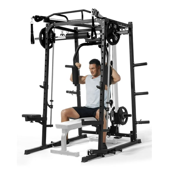 TROPOW Smith Machine Home Gym, Squat Rack with LAT Pull Down Chest Station for Strength Training, 2000LBS Capacity Multi-Function Workout Weight Power Cage with Attachments, Black