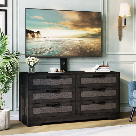 TROPOW TV Stand with Mount – 47.2" Modern Entertainment Center, 6-Drawer Rattan Dresser for 32-85 Inch TVs, Media Console Table with Storage for Living Room & Bedroom