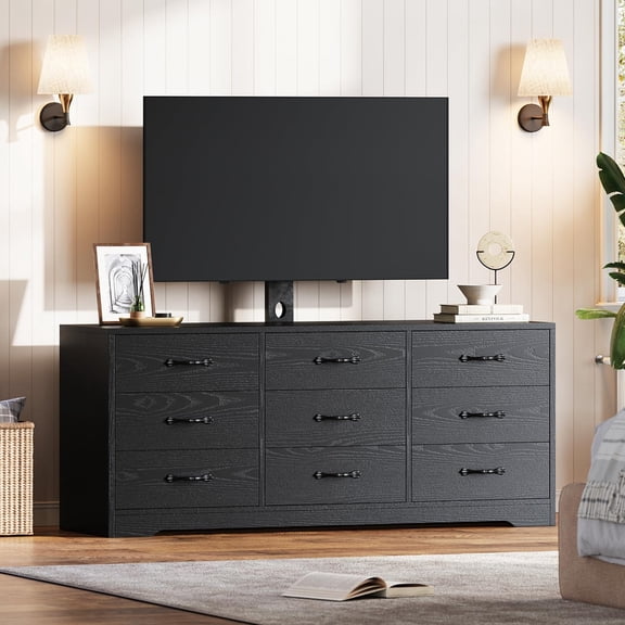 TROPOW TV Stand with Mount for TVs Up to 85" | Modern 55" Media Console with 9 Drawers & Adjustable Height | Large Storage Entertainment Center for Living Room