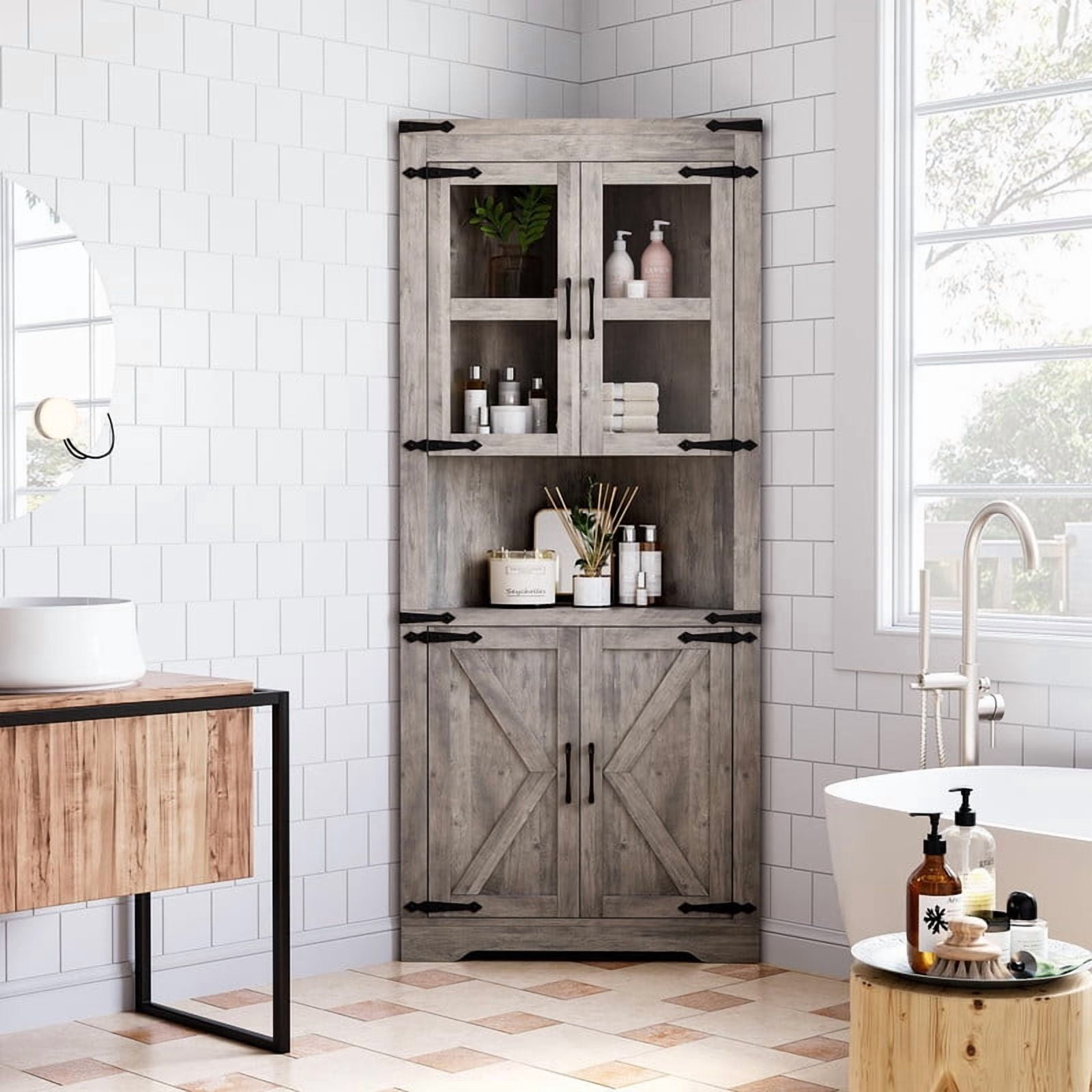 TROPOW Tall Corner Storage Cabinet, Bathroom Floor Storage Cabinet with Doors and Adjustable Shelves, Freestanding Tall Cabinet Organizer for Bathroom, Kitchen, Living Room