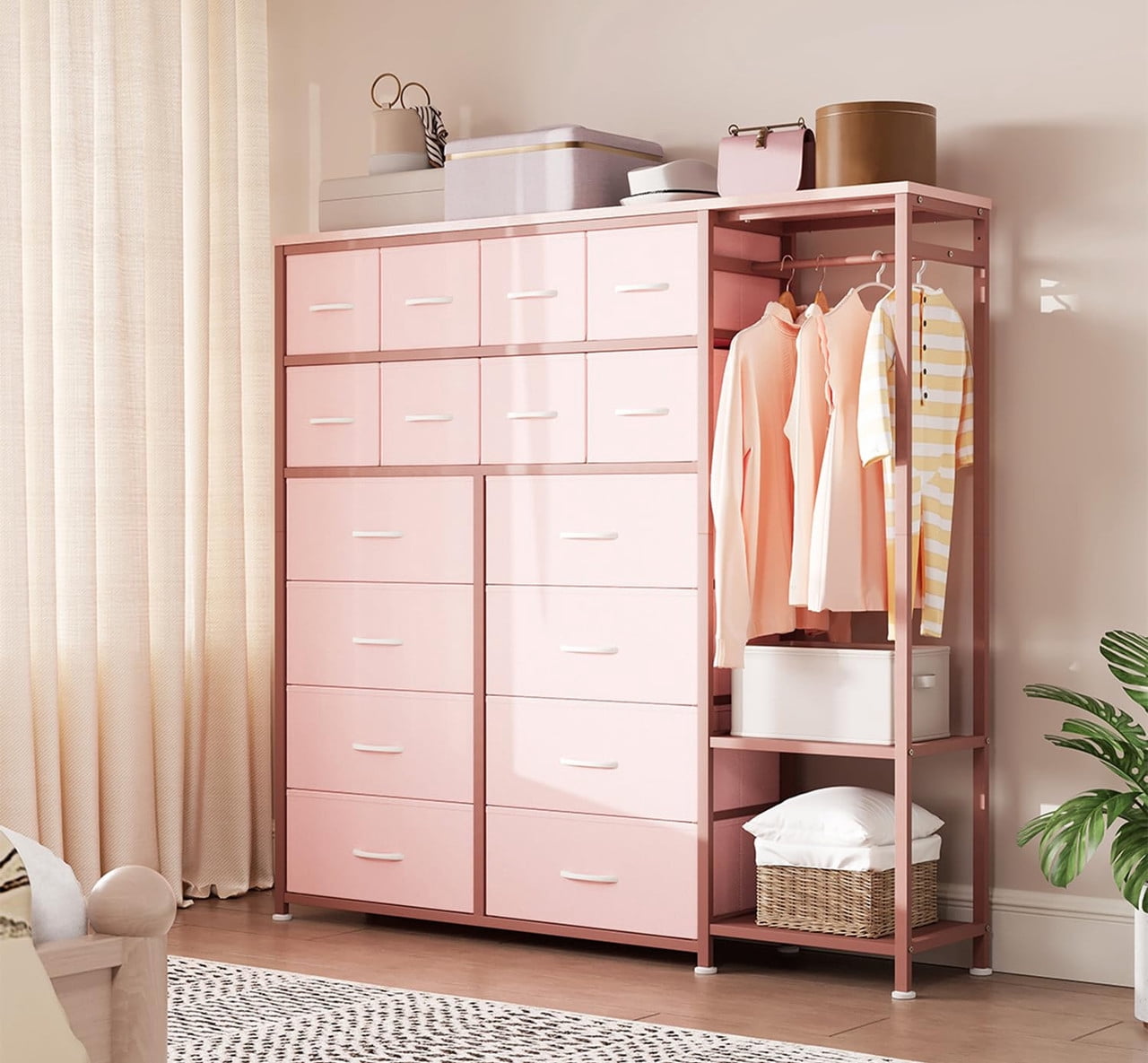TROPOW Tall Dresser for Bedroom with 16 Drawers & Clothes Rack & 2 Storage Shelves, Fabric Dressers & Chests of Drawers, Large Closet Dresser for Storage and Organization