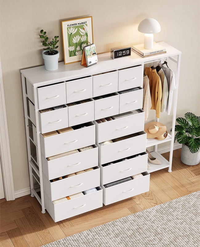 TROPOW Tall Dresser for Bedroom, Fabric Dressers with 16 Drawers & Clothes Rack & 2 Storage Shelves, PU Closet Dresser with Hanging Space, Large Chests of Drawers