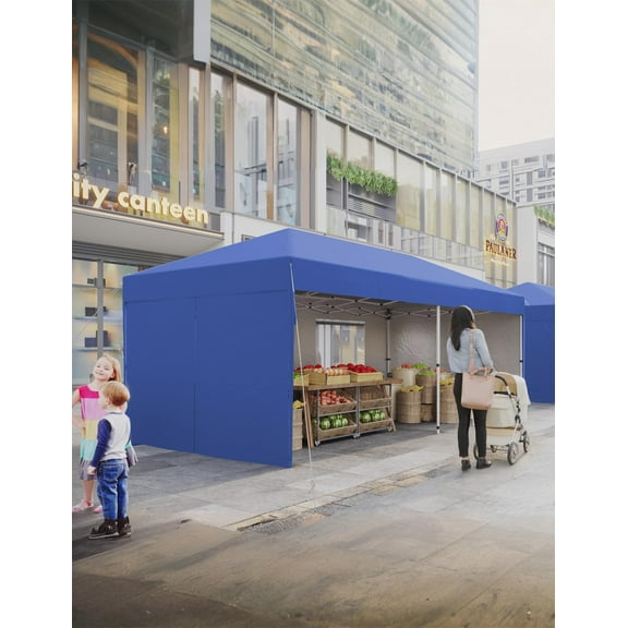 TROPOW Tents for Camping,10'x 20' Pop up Canopy Tent with 210 D Oxford Fabric, Portable Instant Commercial Canopy Including 4Pcs Sidewalls 12 Stakes 6 Sandbags for Farmers' Market,Camping,Blue