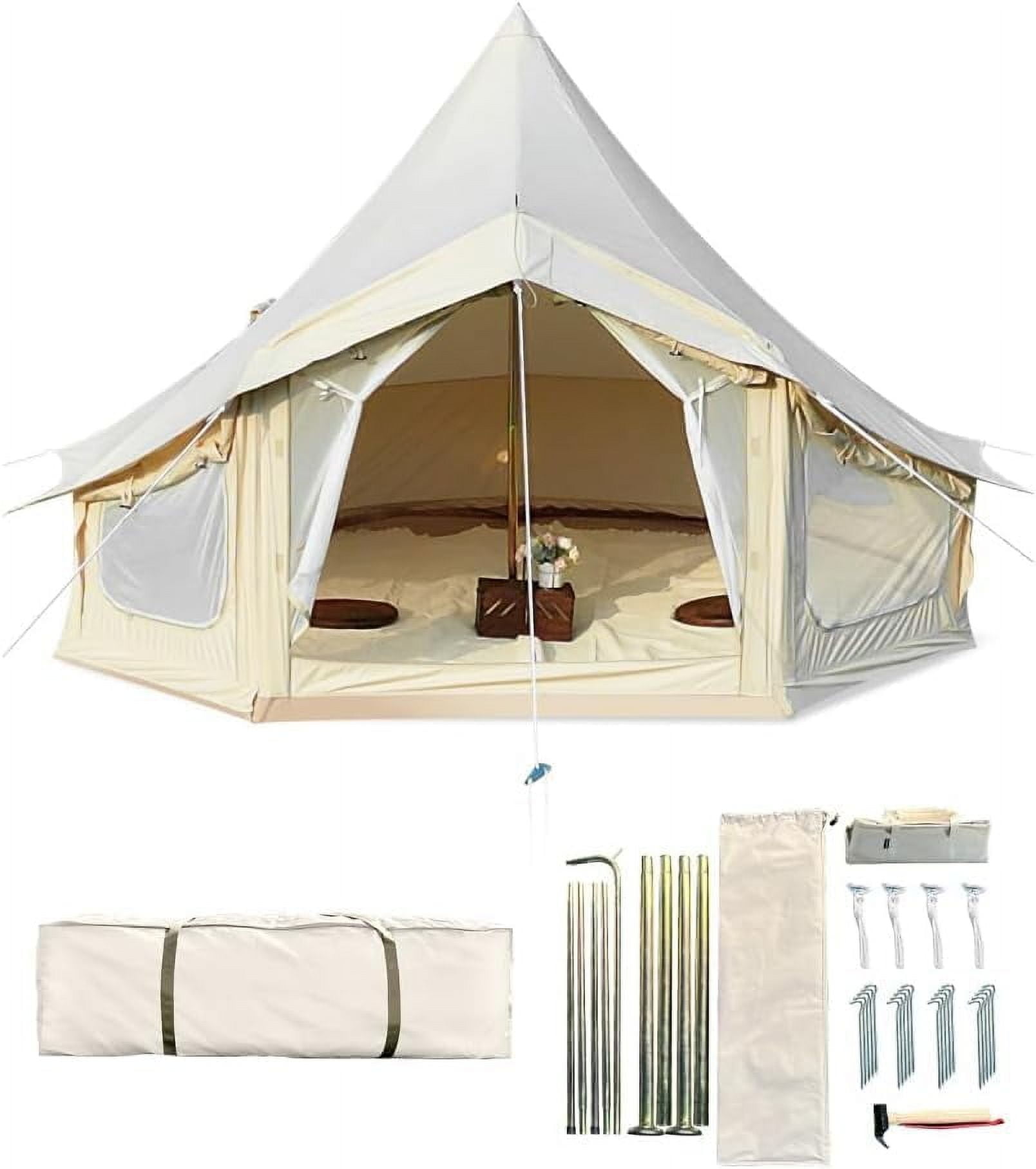 TROPOW Tents for Camping,Canvas Bell Tent, Yurt Tent 4 Seasons with 2 Stove Jack&4 Mesh Zippers Windows, Breathable Waterproof Tent Suitable, 4-12 People Canvas Bell Tent for Family Camping