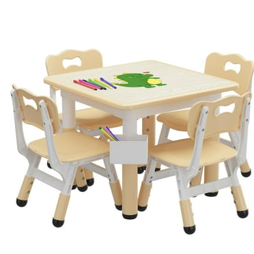 TROPOW Toddler Table and 4 Chairs Set with Graffiti Desktop,Height Adjustable Kids Table and Chairs Set,Non-Slip Legs,Kids Activity Table for Home,Nursery,for Age 2-10,Christmas Gifts for Kids