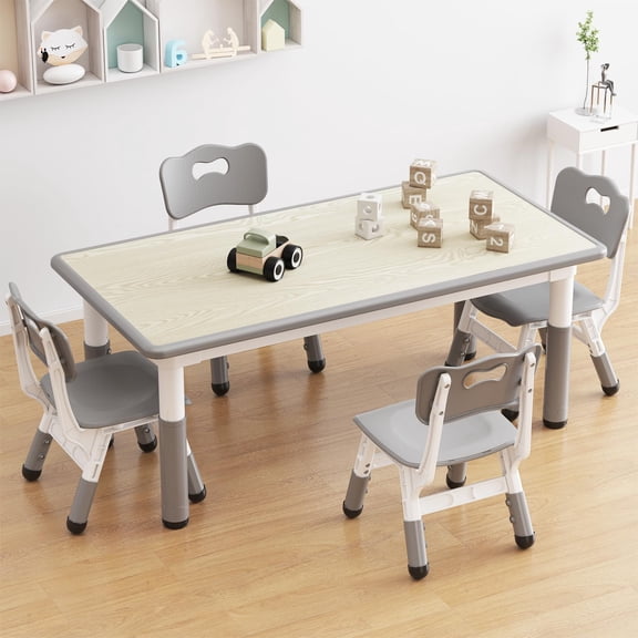 TROPOW Toddler Table and 4 Chairs Set with Graffiti Desktop,Height Adjustable Kids Table and Chairs Set,Non-Slip Legs,Kids Activity Table for Home,Nursery,for Age 2-10,Christmas Gifts for Kids