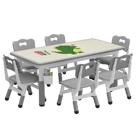 TROPOW Toddler Table and 6 Chairs Set with Graffiti Desktop,Height Adjustable Kids Table and Chairs Set,Non-Slip Legs,Kids Activity Table for Home,Nursery,for Age 2-10,Christmas Gifts for Kids