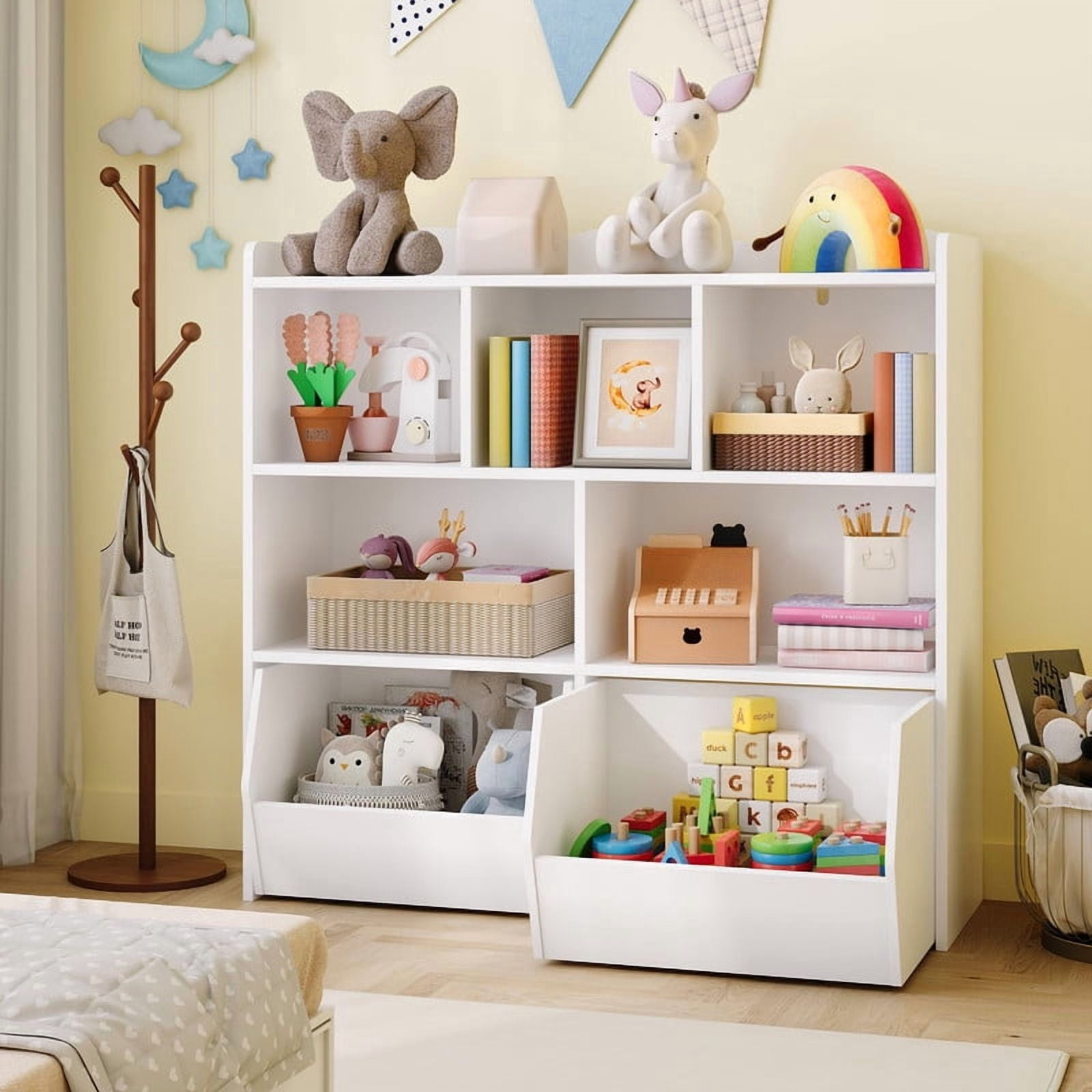 TROPOW Toy Storage Organizer with Movable Drawers, Kids Bookshelf with Hidden Wheels & Open Cubbies, Multifunctional Floor Storage Chest for Playroom