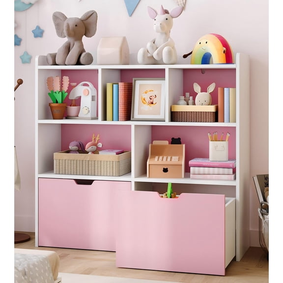 TROPOW Toy Storage Organizer with Movable Drawers, Kids Bookshelf with Hidden Wheels & Open Cubbies, Multifunctional Floor Storage Chest for Playroom