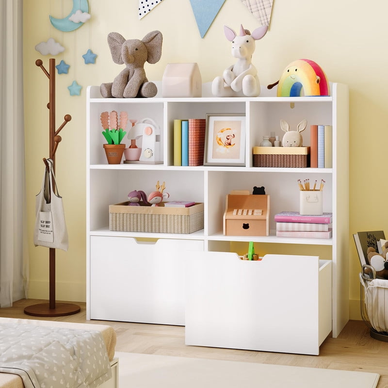 TROPOW Toy Storage Organizer with Movable Drawers, Kids Bookshelf with Hidden Wheels & Open Cubbies, Multifunctional Floor Storage Chest for Playroom