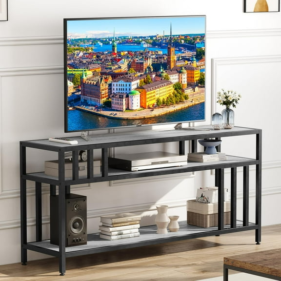 TROPOW Tv Stands for Living Room,58" TV Stand for TV up to 65 Inches, Entertainment Center with Open Storage Shelves, TV Media Console Table with Quadruple-Tube Support for Living Room, Bedroom,Gray