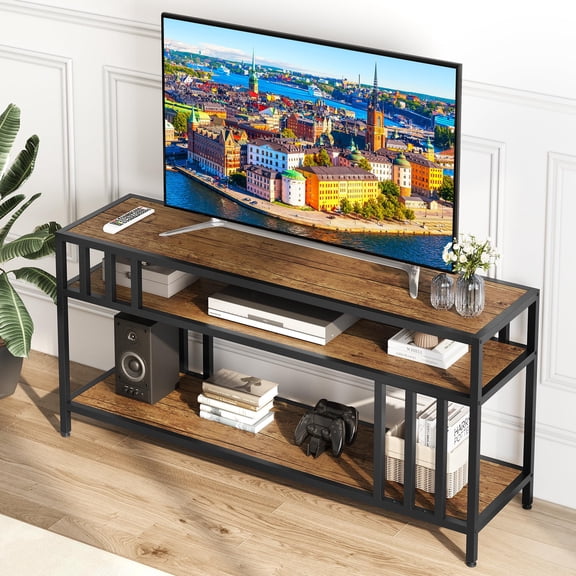 TROPOW Tv Stands for Living Room,58" TV Stand for TV up to 65 Inches, Entertainment Center with Open Storage Shelves, TV Media Console Table with Quadruple-Tube Support for Living Room, Bedroom