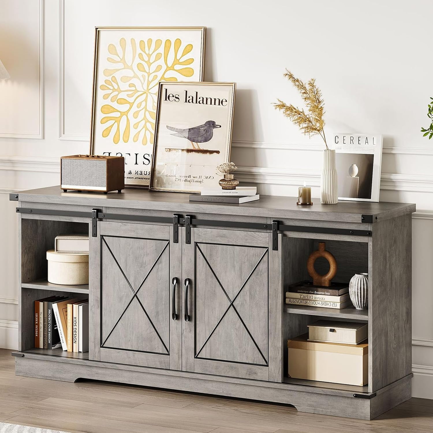 TROPOW Tv Stands for Living Room,Farmhouse TV Stand and Entertainment Center with Sliding Barn Doors and Storage Cabinets, Adjustable Shelf Media Console Storage Cabinet Living Room Furniture,Gray