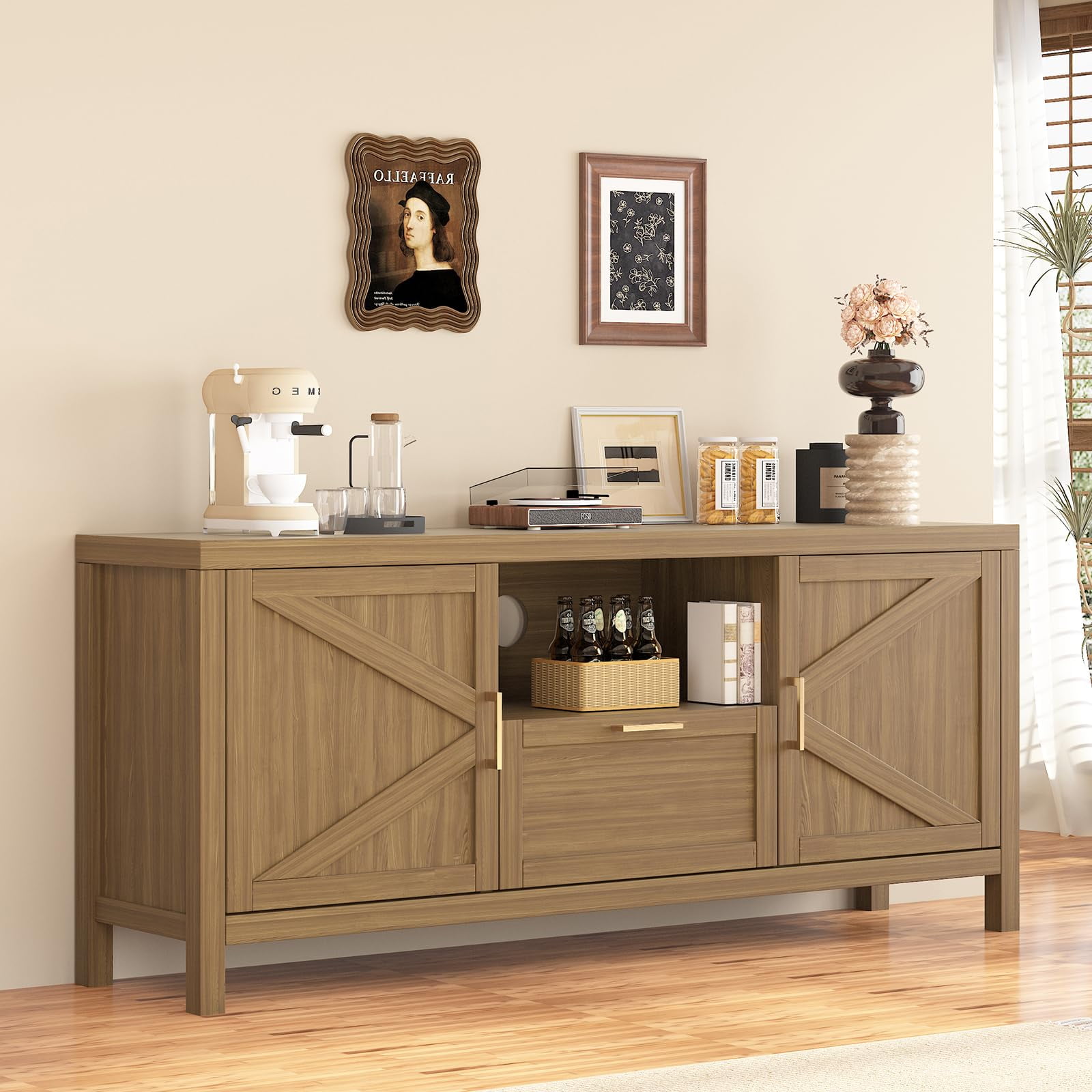Gracie Oaks Farmhouse TV Stand for Up to 65'', Entertainment Center with Door, Storage & Adjustable Shelf for Living Room/Bedroom