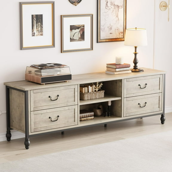 TROPOW Tv Stands for Living Room,Mid Century Modern TV Stand with Storage,Entertainment Center with Metal Roman Columns & Handle,TV Cabinet with Drawer,TV Console Table for Living Room-Rustic Grey