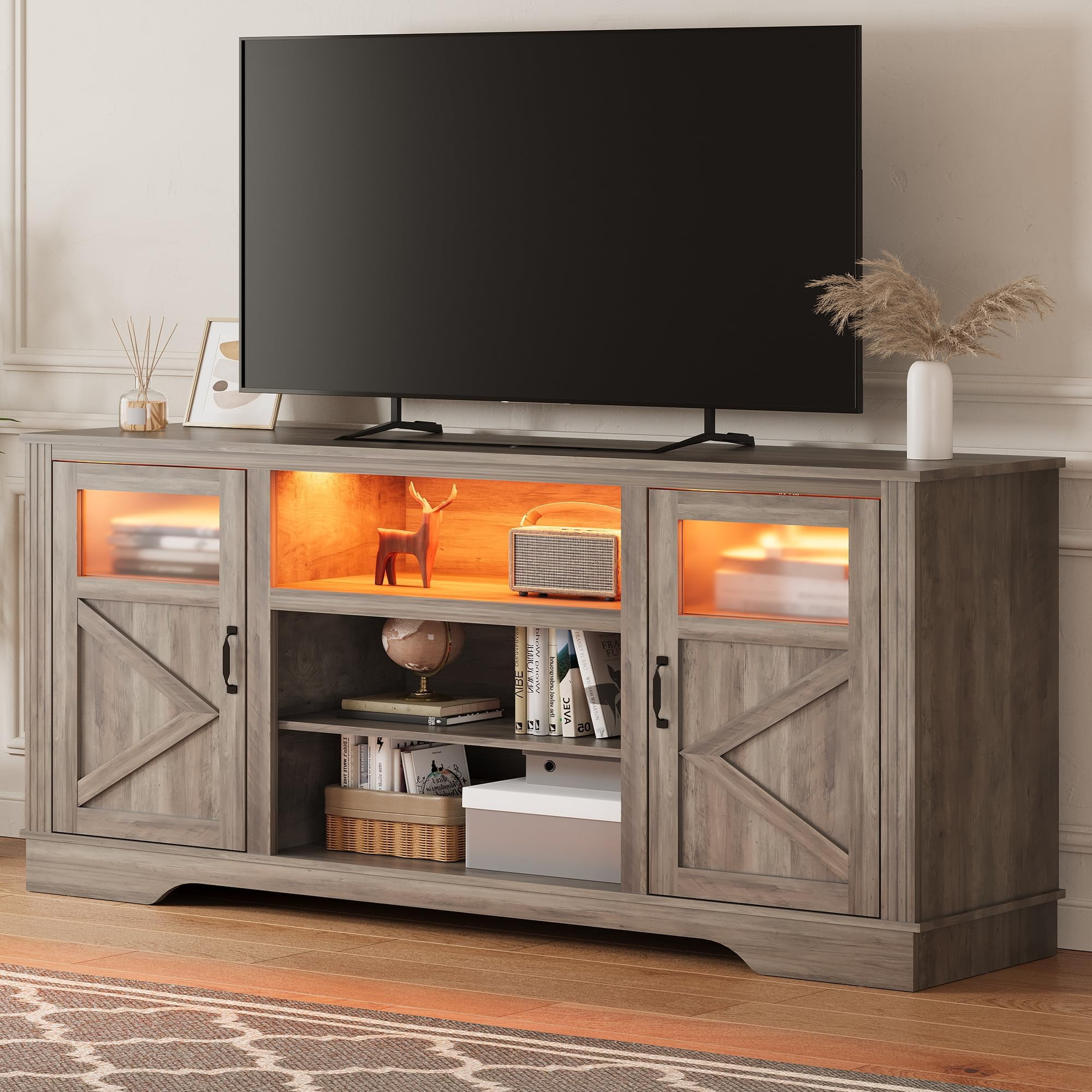 Gray Washed Ash Farmhouse TV Stand with LED Lights