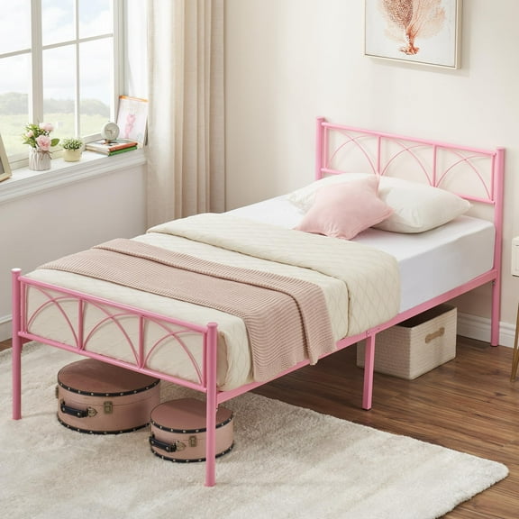 TROPOW Twin Bed Frames,Platform Bed Frame with Headboard and Footboard, Heavy Duty Bed Frame with Strong Metal Slats, Easy Set Up Structure Mattress Frame, No Box Spring Needed, Pink