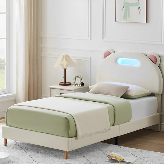 TROPOW Twin Bed Frames,with Velvet Headboard, Twin Size Platform Bed with Led Lights, Mattress Foundation with Wooden Slats, Noise Free, No Box Spring Needed,Off White