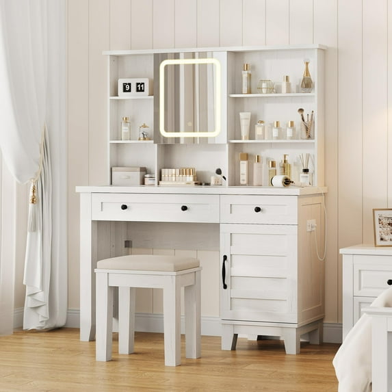 TROPOW Vanity Desk, Farmhouse Makeup Vanity with Mirror and Lights & Power Outlet, Glass Top Makeup Table with 2 Drawers and Storage Shelves, Dressing Table with Stool, White