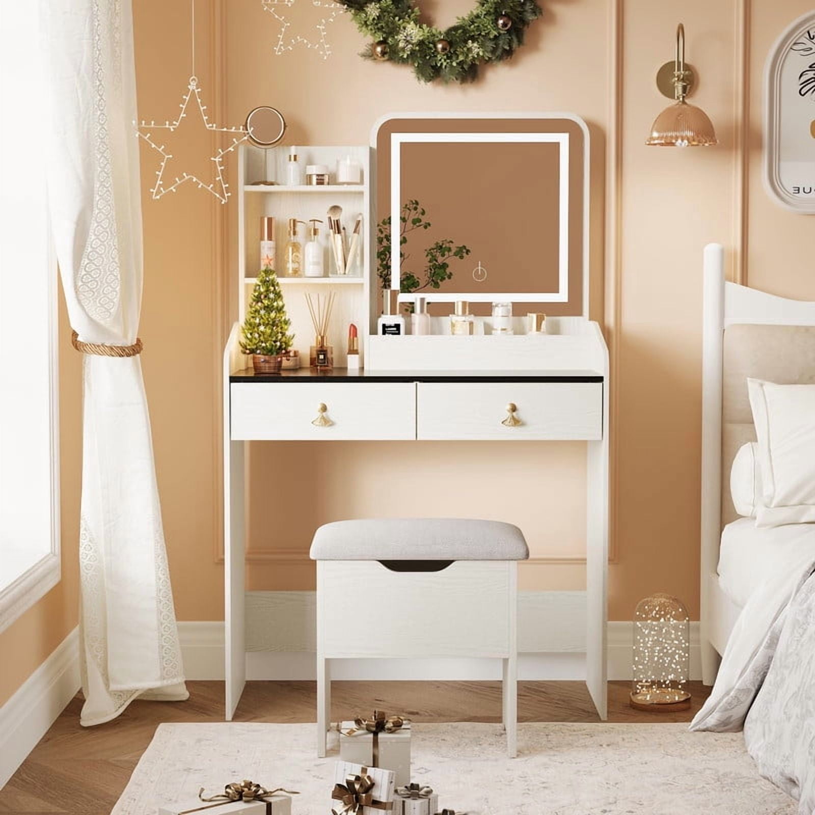 TROPOW Vanity Desk with LED Light Mirror and Storage Stool, Small Led