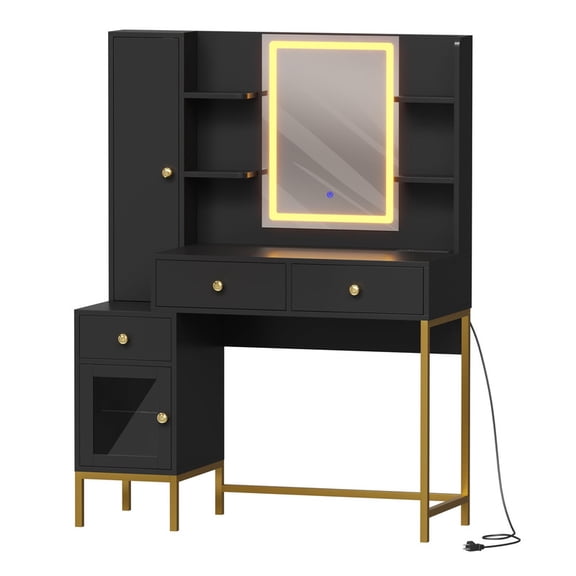 TROPOW Vanity Desk with Lighted Mirror and Jewelry Storage, White and Gold Makeup Table with LED Cabinet, Vanity Table with Drawers, Shelves, and Charging Station for Bedroom, Black