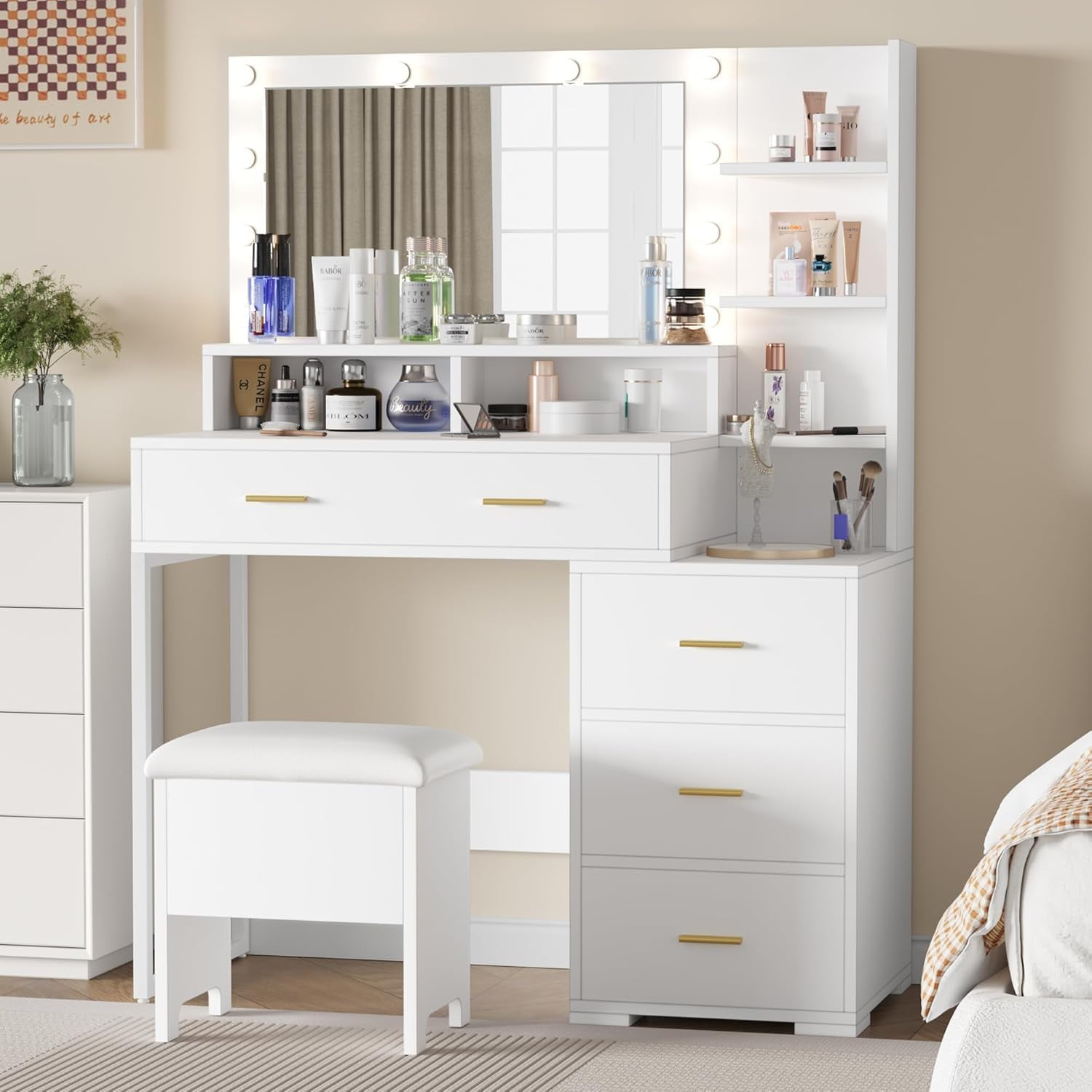 TROPOW Vanity Desk,Makeup Vanity,with Mirror and Lights,Makeup Vanity Desk with Mirror and Lights, Vanity Set with 3 Adjustable Lighting Colors, Dressing Table with 4 Large Drawers