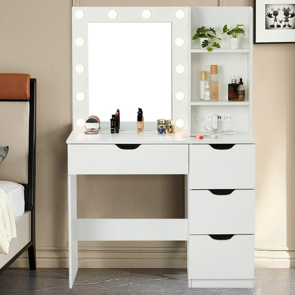 TROPOW Vanity Desk,Makeup Vanity,with Mirror and Lights,Makeup Vanity Desk with Mirror and Lights, 35 Inch Makeup Table with 4 Drawers and Built-in Power Strip, Makeup Studio, White