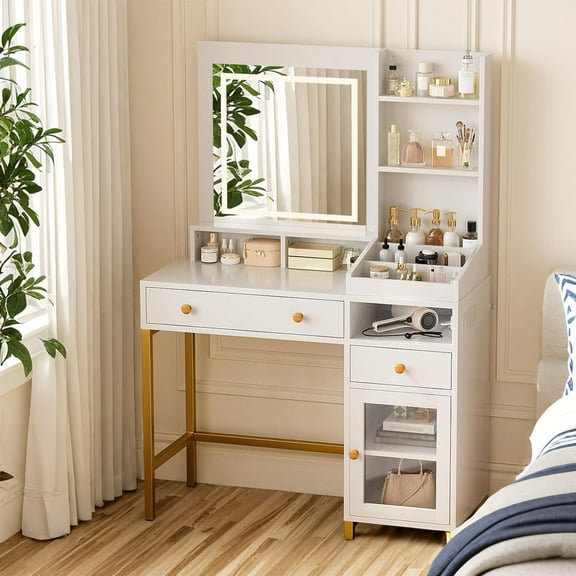 TROPOW Vanity Desk with Mirror and LED Lights in 3 Lighting Models, Makeup Vanity with Power Strip, Open Storage Compartments, 2 Drawers, 2 Shelves and Storage Cabinet with Clear Acrylic Door