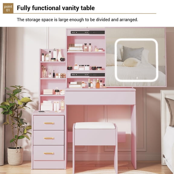 TROPOW Vanity Desk with Mirror and LED Lights, Makeup Vanity Desk with Sliding Mirror, Power Outlet, 3 Color Adjustable Light, Dressing Table with 4 Drawers,Pink
