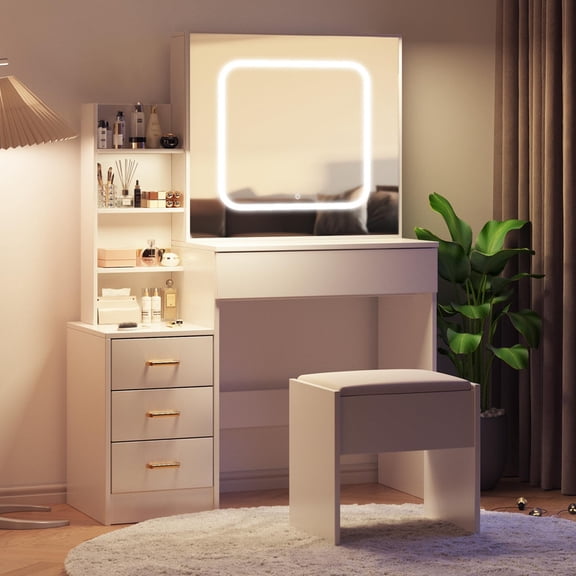 TROPOW Vanity Desk with Mirror and LED Lights, Makeup Vanity Desk with Sliding Mirror, Power Outlet, 3 Color Adjustable Light, Dressing Table with 4 Drawers,White
