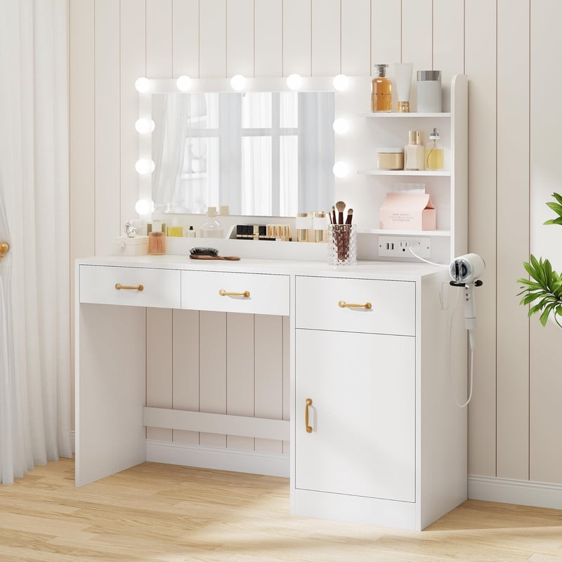 TROPOW Vanity Desk with Mirror, LED Lights and Power Outlet Makeup Table with 3 Drawers and Storage Shelves Dressing Table for Bedroom Dressing Room, White