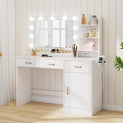 TROPOW Vanity Desk with Mirror, LED Lights and Power Outlet Makeup Table with 3 Drawers and Storage Shelves Dressing Table for Bedroom Dressing Room, White