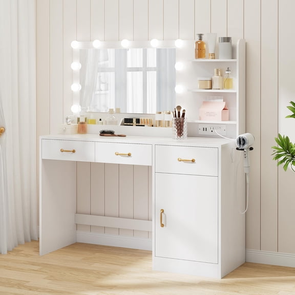 TROPOW Vanity Desk with Mirror, LED Lights and Power Outlet Makeup Table with 3 Drawers and Storage Shelves Dressing Table for Bedroom Dressing Room, White