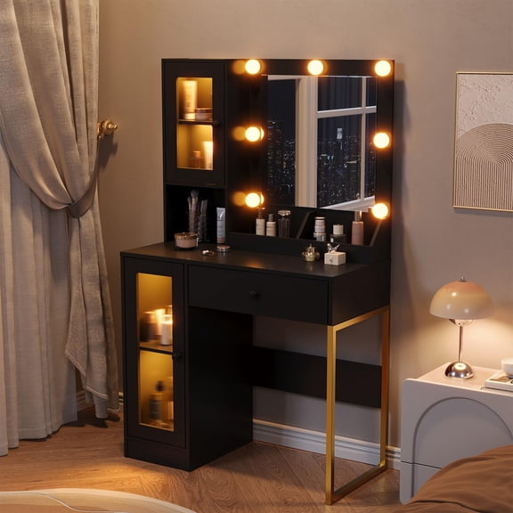 TROPOW Vanity Desk with Mirror and Lights Elegant Makeup Vanity Table with Drawers & Cabinets, Storage, Sturdy MDF Top, Adjustable Brightness Bulbs, Built-in Power Outlet & USB Ports,Black