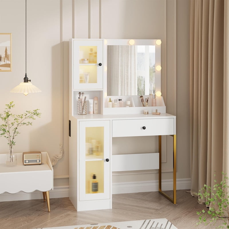 TROPOW Vanity Desk with Mirror and Lights Elegant Makeup Vanity Table with Drawers & Cabinets, Storage, Sturdy MDF Top, Adjustable Brightness Bulbs, Built-in Power Outlet & USB Ports,White
