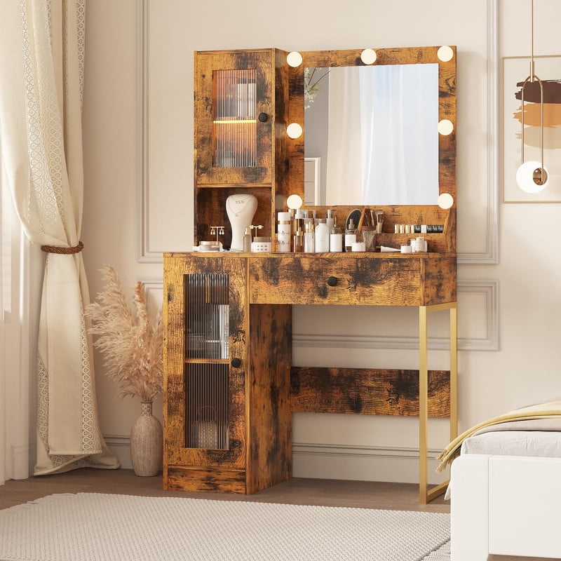 TROPOW Vanity Desk with Mirror and Lights Elegant Makeup Vanity Table with Drawers & Cabinets, Storage, Sturdy MDF Top, Adjustable Brightness Bulbs, Built-in Power Outlet & USB Ports,Brown
