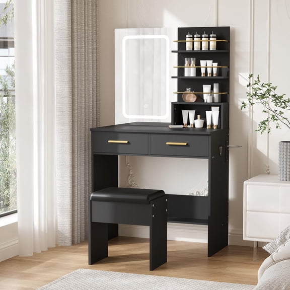 TROPOW Vanity Desk with Mirror and Lights, Makeup Vanity with 3 Color Light Options and 4 Open Shelves, Vanity Table with 2 Storage Drawers, Dressing Table with Cushioned Stool,Black