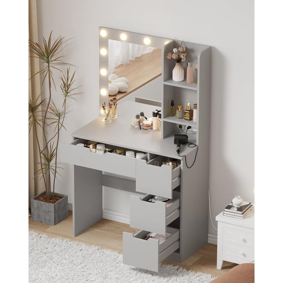 TROPOW Vanity Desk with Mirror and Lights - Makeup Vanity Desk with 4 Drawers, Built-in Power Outlet & USB, Adjustable LED Lighting, Makeup Table for Bedroom,Gray