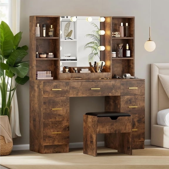 TROPOW Vanity Desk with Storage Stool, 56" Makeup Dressing Table with Power Outlet & 10 LED Lights, 7 Drawers & Storage Shelves, 3 Lighting Modes, Brightness Adjustable for Bedroom