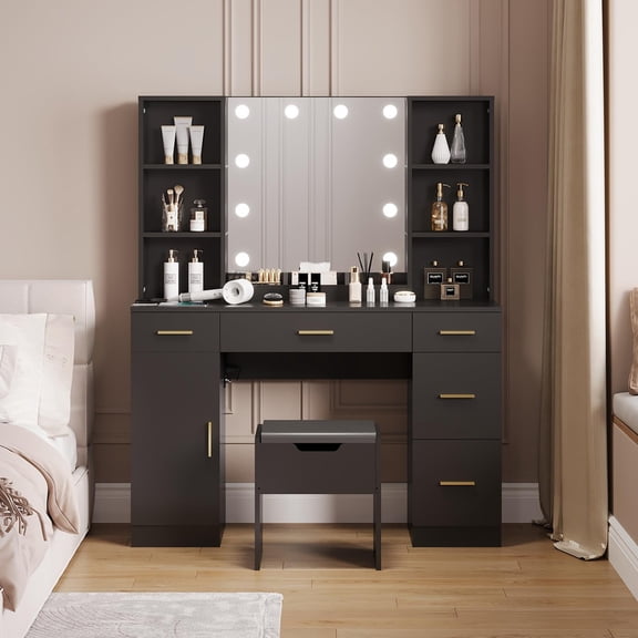 TROPOW Vanity Desk Table With Mirror and Lights for Women Girls, Makeup Vanity Desk with Power,Large Makeup Vanity With 5 Drawers, 6 Open Shelves, Cabinets, Vanity Table,Black