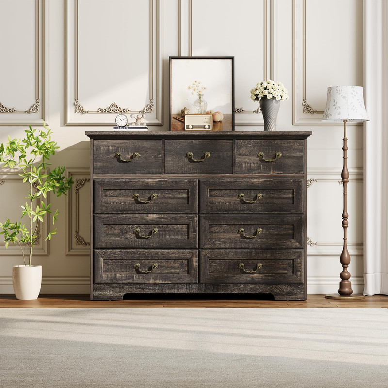 TROPOW Vintage 9 Drawer Dresser for Bedroom, 47" Wide Chest of Drawers with Natural Wood Texture, Wooden Storage Organizer for Closet, Living Room, Hallway,Gray