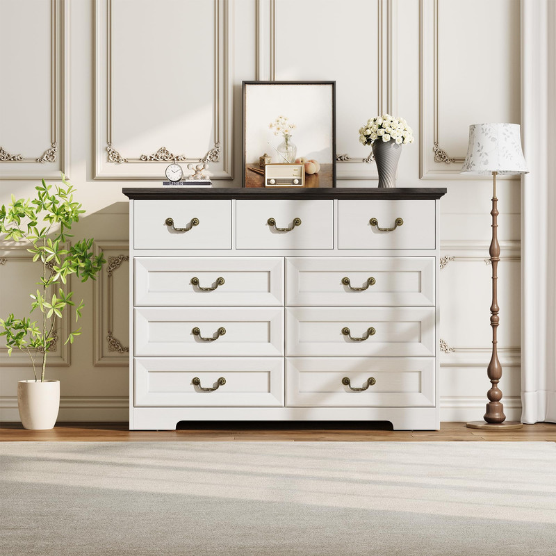 TROPOW Vintage 9 Drawer Dresser for Bedroom, 47" Wide Chest of Drawers with Natural Wood Texture, Wooden Storage Organizer for Closet, Living Room, Hallway,White