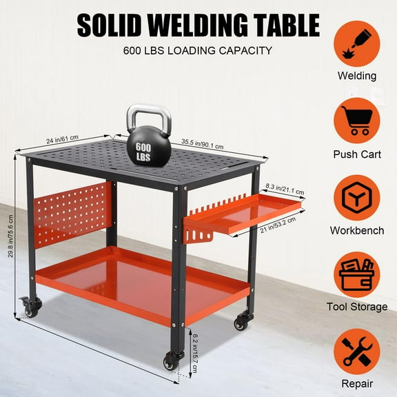 TROPOW Welding Table,Workbench Table with Side Tray Handles,600Lb Load Capacity Steel Welding Workbench Table On Wheels,36" X 24" Portable Work Bench with Double-Layer Storage Board,Orange