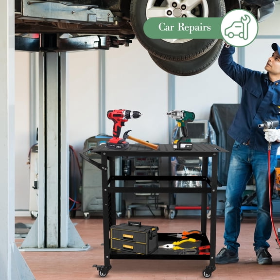 TROPOW Welding Table,Workbench Table with Side Tray Handles,600Lb Load Capacity Steel Welding Workbench Table On Wheels,36" X 24" Portable Work Bench with Double-Layer Storage Board,Black