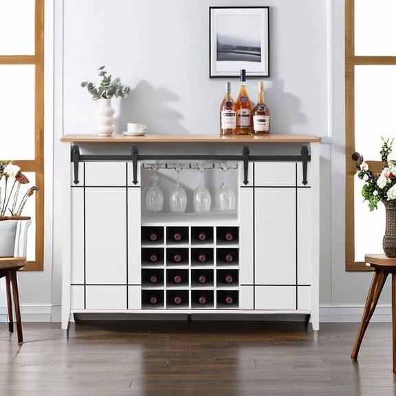 TROPOW Wine Bar Cabinet,47" Farmhouse Coffee Bar Cabinet with Sliding Barn Door, Buffet Sideboard Cabinet with 16 Bottle Wine Rack for Dining, Living Room Dining Kitchen