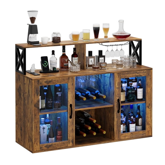 TROPOW Wine Bar Cabinet, Farmhouse Liquor Cabinet with Led Light and Power Outlets, Bar Cabinet for Home with Wine Racks and Glass Holder for Kitchen, Dining Room, Living Room
