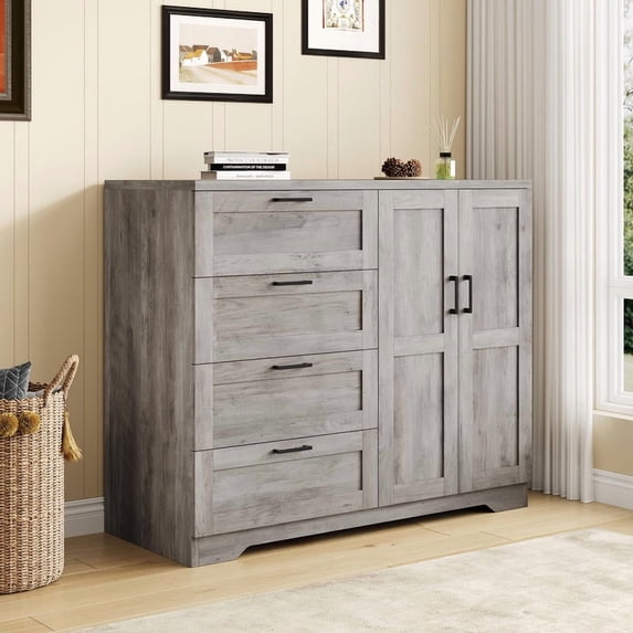 TROPOW Wooden Dresser with 2 Door Wardrobe, 4 Drawers, Hanging Rod and Storage Cabinet, Sturdy, Anti-Tipping Design with Metal Handles, Modern Armoire Closet for Bedroom,Gray