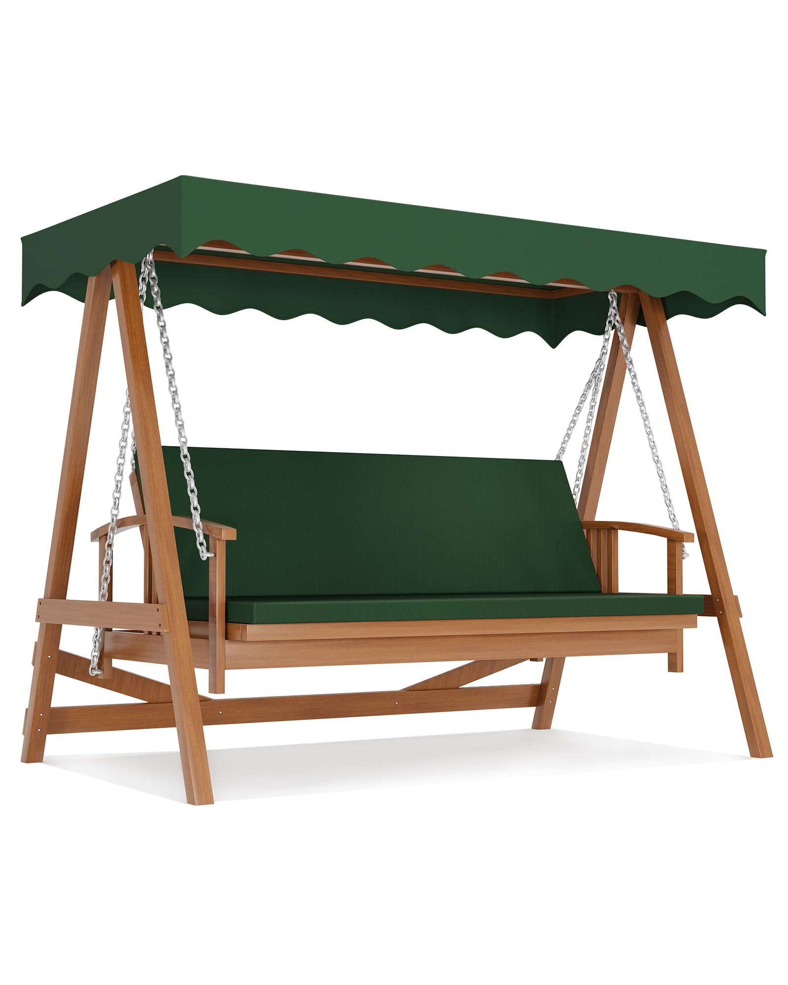 Green Wooden 3-Seater Patio Swing with Adjustable Canopy and Removable Cushion